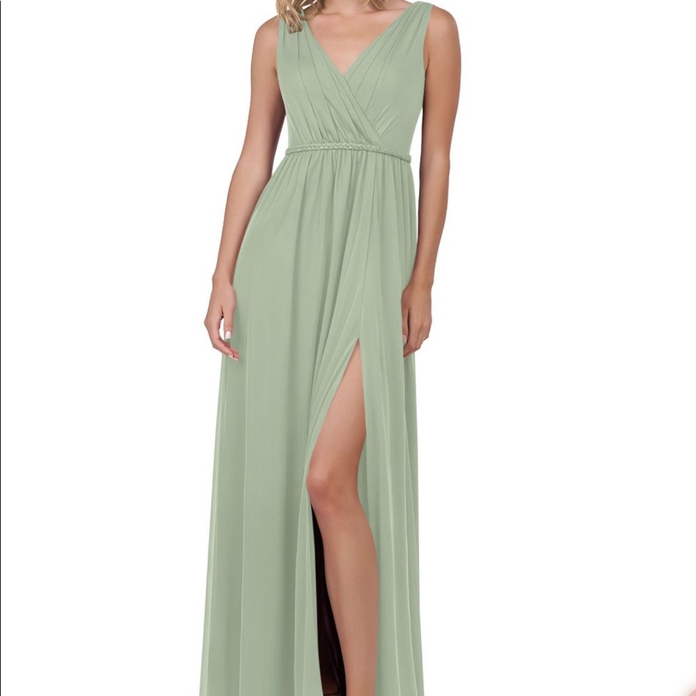 Azazie Tanicia dusty sage floor length bridesmaid dress